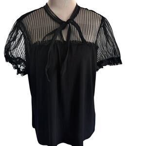 Perch Stretch Knit Illusion Lace Puff Sleeve KeyholeTop Black Boho Cottage